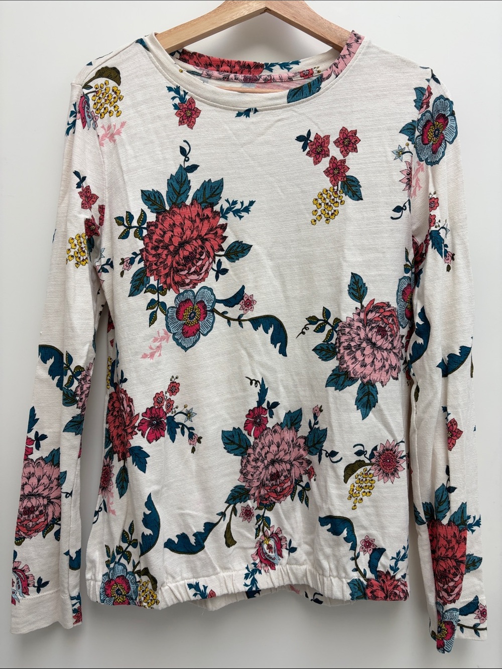 Loft Floral Long-Sleeve Crewneck Top - Cream with Pink & Teal Flowers